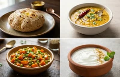 Phulka with Moong Dal with Gajar Matar Sabzi with Dahi