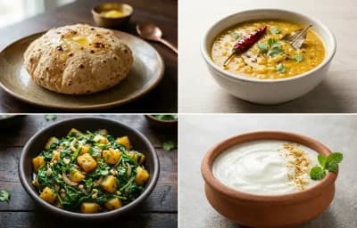 Phulka with Moong Dal with Paleng Xaak Bhaji with Dahi