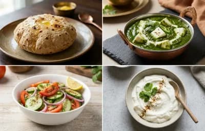 Phulka with Palak Paneer with Cucumber Tomato Salad with Plain Dahi