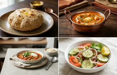 Phulka with Paneer Butter Masala with Chana Masala with Jeera Rice with Green Salad