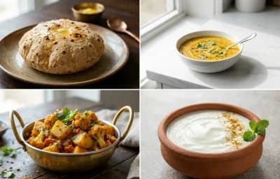 Phulka with Toor Dal with Aloo Gobi with Dahi with Cucumber Salad