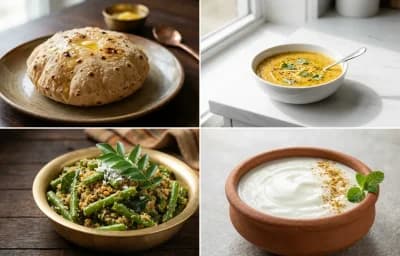 Phulka with Toor Dal with French Beans Sukka with Dahi