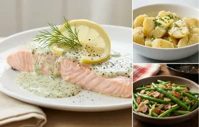 Poached Salmon with Dill Sauce with Boiled Potatoes and Sauteed Green Beans with Bacon