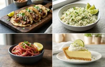 Pork Carnitas Tacos with Cilantro Lime Rice, Lachha Pyaaz, Key Lime Pie and Roasted Salsa Verde