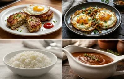 Pork Hash Patties, Indian Fried Eggs, Steamed Basmati Rice and Brown Gravy