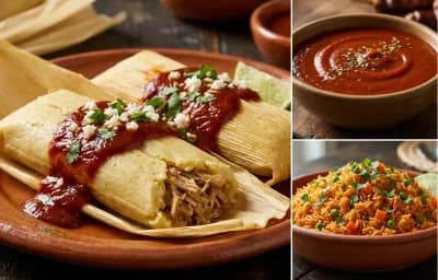 Pork Tamales with Red Chile Sauce with Red Chile Sauce and Mexican Rice
