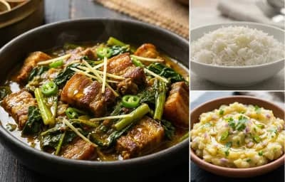 Pork with Mustard Greens with Steamed Basmati Rice and Aloo Pitika