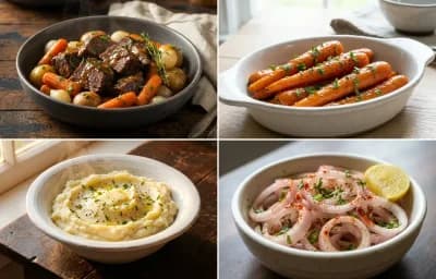 Pot Roast with Glazed Carrots, Mashed Potatoes, Laccha Pyaaz and Brown Gravy