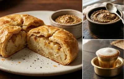 Potato Knish with Brown Mustard and Filter Coffee