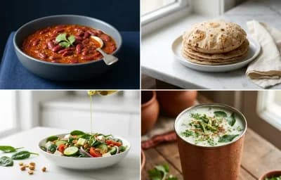 Rajma with Steamed White Rice with Whole-Wheat Phulka with Palak Salad with Chaas
