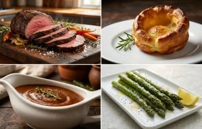 Roast Beef with Yorkshire Pudding, Brown Gravy and Roasted Asparagus