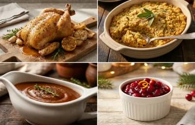 Roast Chicken with Cornbread Dressing, Brown Gravy and Cranberry Sauce