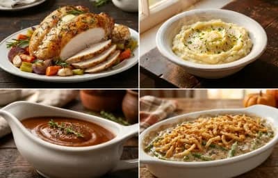 Roast Turkey Breast with Mashed Potatoes, Brown Gravy and Green Bean Casserole