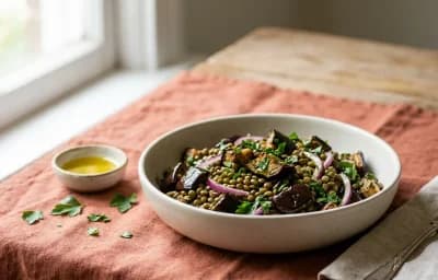 Roasted Eggplant and Lentil Salad with Feta and Pomegranate