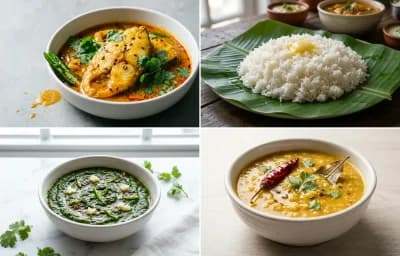 Rohu Fish Curry with Soft Steamed White Rice with Soft Palak with Moong Dal