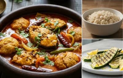 Rohu Machha Jhola with Steamed White Rice with Grilled Zucchini