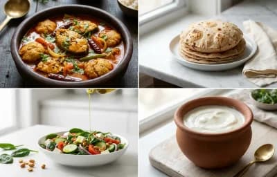 Rohu Machha Jhola with Steamed White Rice with Whole-Wheat Phulka with Palak Salad with Curd