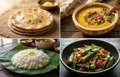 Rotli with Gujarati Dal with Steamed Rice with Bhindi Sabzi with Kadhi with Green Salad