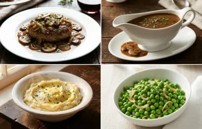 Salisbury Steak with Mushroom Gravy, Mashed Potatoes and Buttered Peas