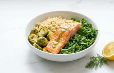 Salmon Power Bowl with Quinoa Brussels Sprouts and Tahini Muscle Building
