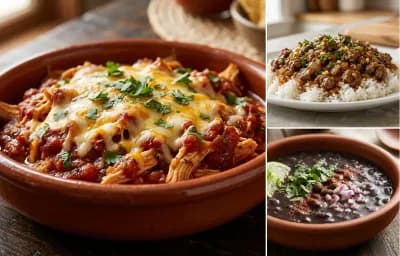 Salsa Chicken with Ground Beef over Rice and Black Bean Soup