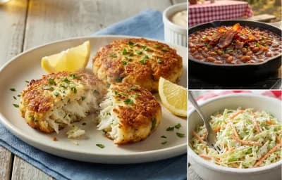 Salt Cod Cakes with Baked Beans and Coleslaw