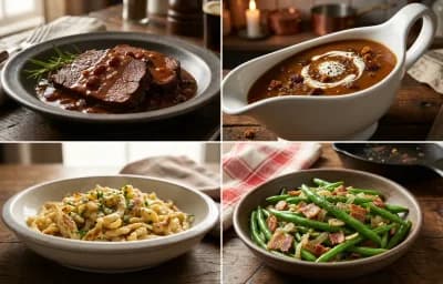 Sauerbraten with Gingersnap Gravy, Spätzle and Sauteed Green Beans with Bacon