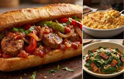 Sausage and Peppers with Baked Macaroni and Cheese and Collard Greens