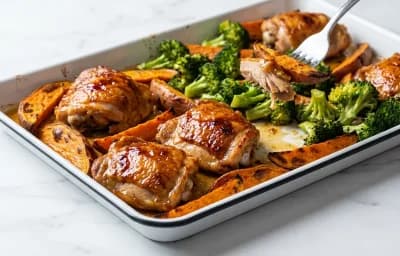 Sheet Pan Chicken Thighs with Sweet Potato and Broccoli