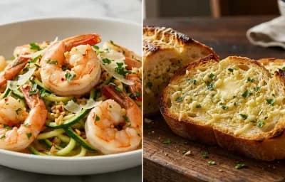 Shrimp Scampi with Zucchini Noodles with Garlic Bread
