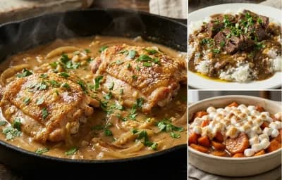 Smothered Chicken with Beef Rice and Gravy and Candied Yams with Marshmallows
