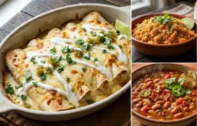 Sour Cream Chicken Enchiladas with Spanish Rice and Charro Beans