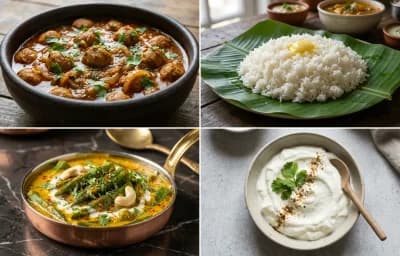 Soya Chunks Curry with Steamed White Rice with Shahi Bhindi with Plain Dahi