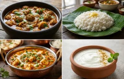 Soya Chunks Curry with Steamed White Rice with Matar Paneer with Dahi