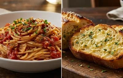 Spaghetti with Red Clam Sauce with Garlic Bread