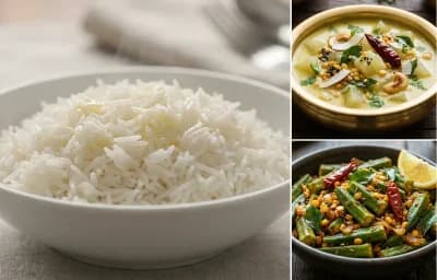 Steamed Basmati Rice with Ash Gourd Buttermilk Stew and Bendakaya Fry