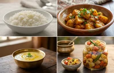 Steamed Basmati Rice with Batate Song, Varan and Vegetable Pickle