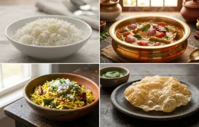 Steamed Basmati Rice with Chettinad Sambar, Cabbage Poriyal and Appalam