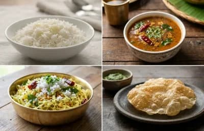 Steamed Basmati Rice with Kulith Saaru, Cabbage Upkari and Appalam