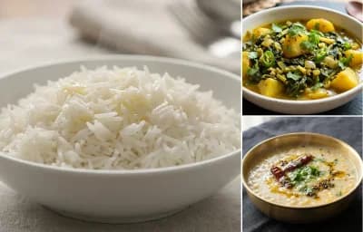 Steamed Basmati Rice with Lai Xaak Aloo Torkari and Mati Dail
