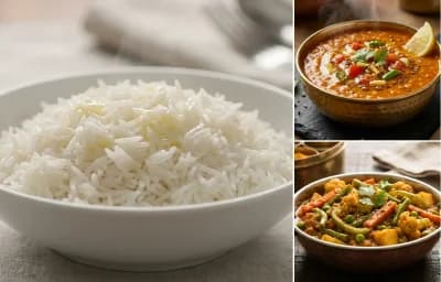 Steamed Basmati Rice with Masoor Dal Tadka and Mix Vegetable Sabzi