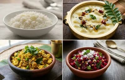 Steamed Basmati Rice with Mor Kulambu, Muttai Poriyal and Beetroot Poriyal