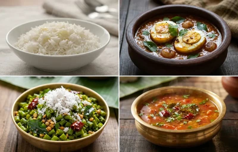 Steamed Basmati Rice, Muttai Kulambu, Beans Poriyal, Tomato Rasam and Appalam