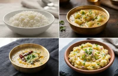 Steamed Basmati Rice with Omita Khar, Mati Dail and Aloo Pitika