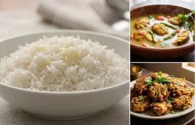 Steamed Basmati Rice with Pani Tenga Fish and Kol Phool Bor