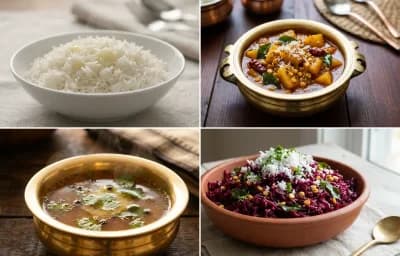 Steamed Basmati Rice with Pineapple Gojju, Pepper Rasam and Beetroot Palya