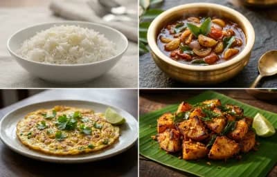 Steamed Basmati Rice with Poondu Kulambu, Muttai Omelette and Senaikizhangu Varuval