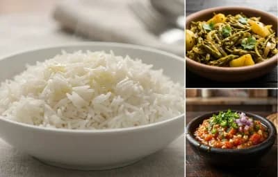 Steamed Basmati Rice with Tita Phool Bhaji and Konbilahi Pitika