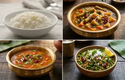 Steamed Basmati Rice with Udupi Sambar, Tomato Rasam, Beans Palya, Moong Dal Kosambari and Urad Dal Papad
