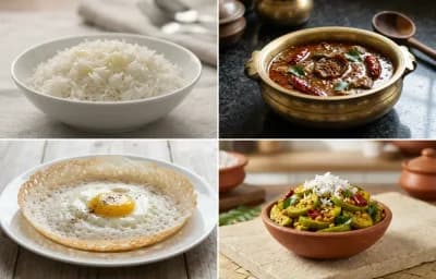 Steamed Basmati Rice with Vatha Kulambu, Muttai Appam and Kovakkai Poriyal